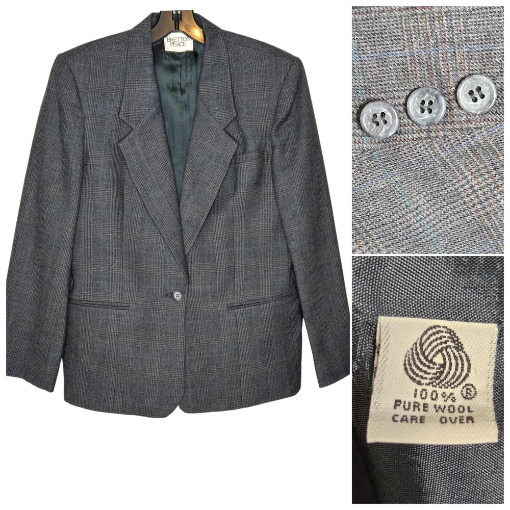 VTG Bretton Place Wool Blue Gray Plaid Blazer Dark Academia Corporate Sleaze